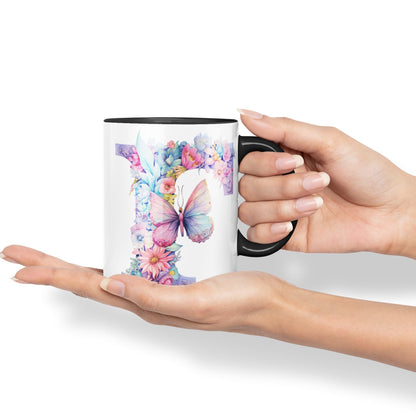 Letter F mug, Floral flowers butterfly Alphabet Letter F Monogram watercolour Ceramic Coloured Mug Cup for Tea Coffee Hot brew 330ml 11Oz Gift