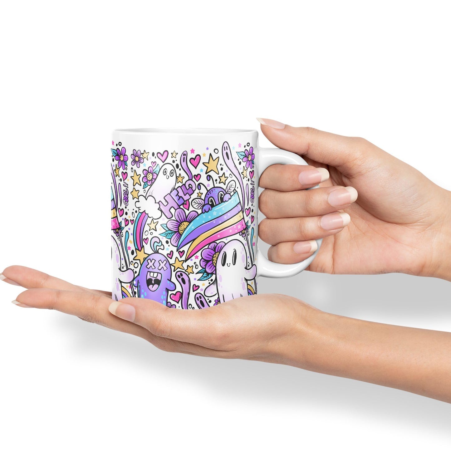 Vixar Hello Cool Kawaii Ghosts Coloured Ceramic Mug Cup Gift 330ml 11oz Work Office Tea Coffee