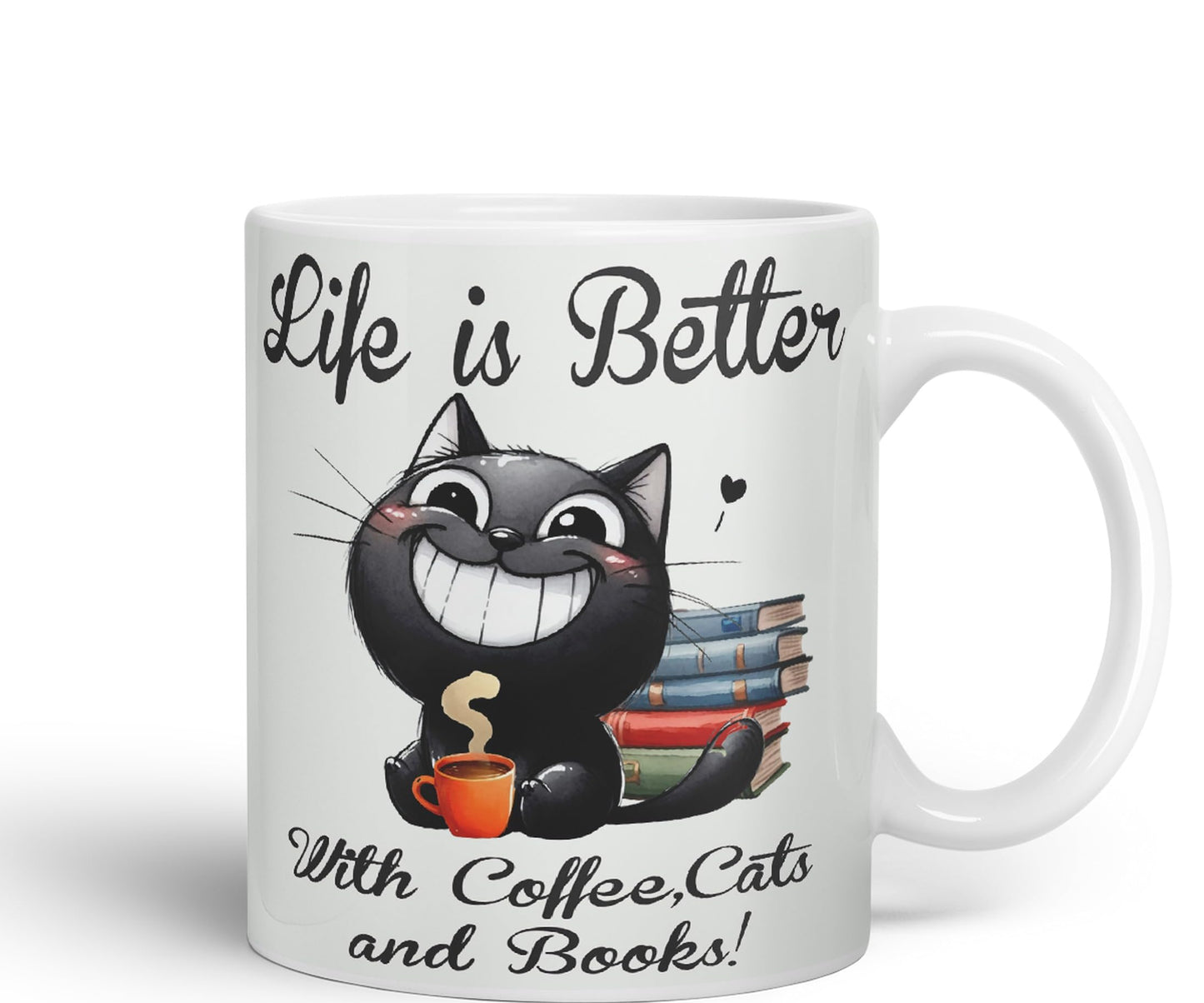 Life is Better with Coffee, Cats and Books, Cat Kitten Joke sarkasm Sarcastic Ceramic Coloured Mug Cup for Tea Coffee Hot Brew 330ml 11Oz Gift