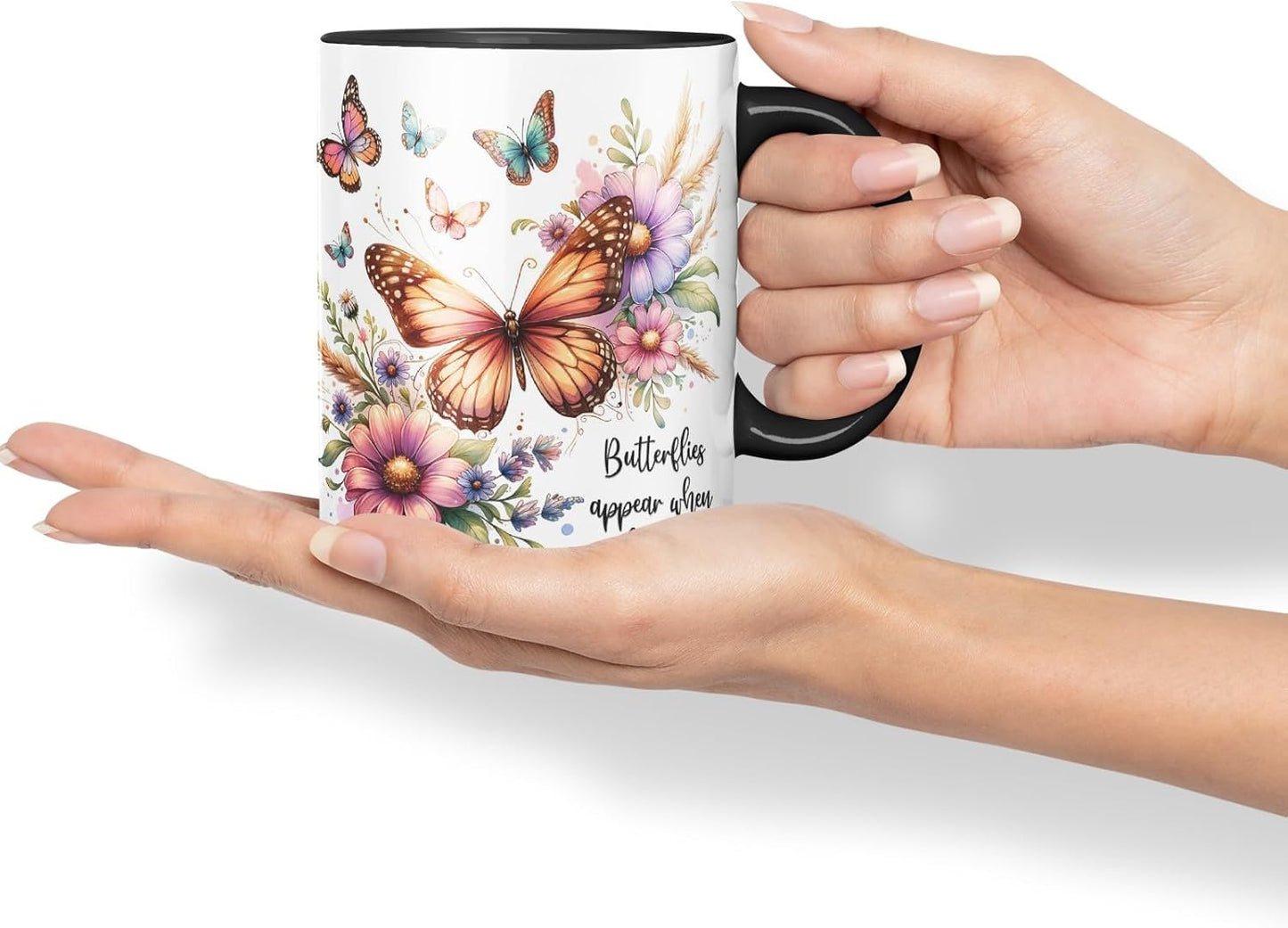 Vixar Butterflies Appear When Angels are Near Coloured Mug Cup Butterfly Floral Memorial Gift 11oz (Black)