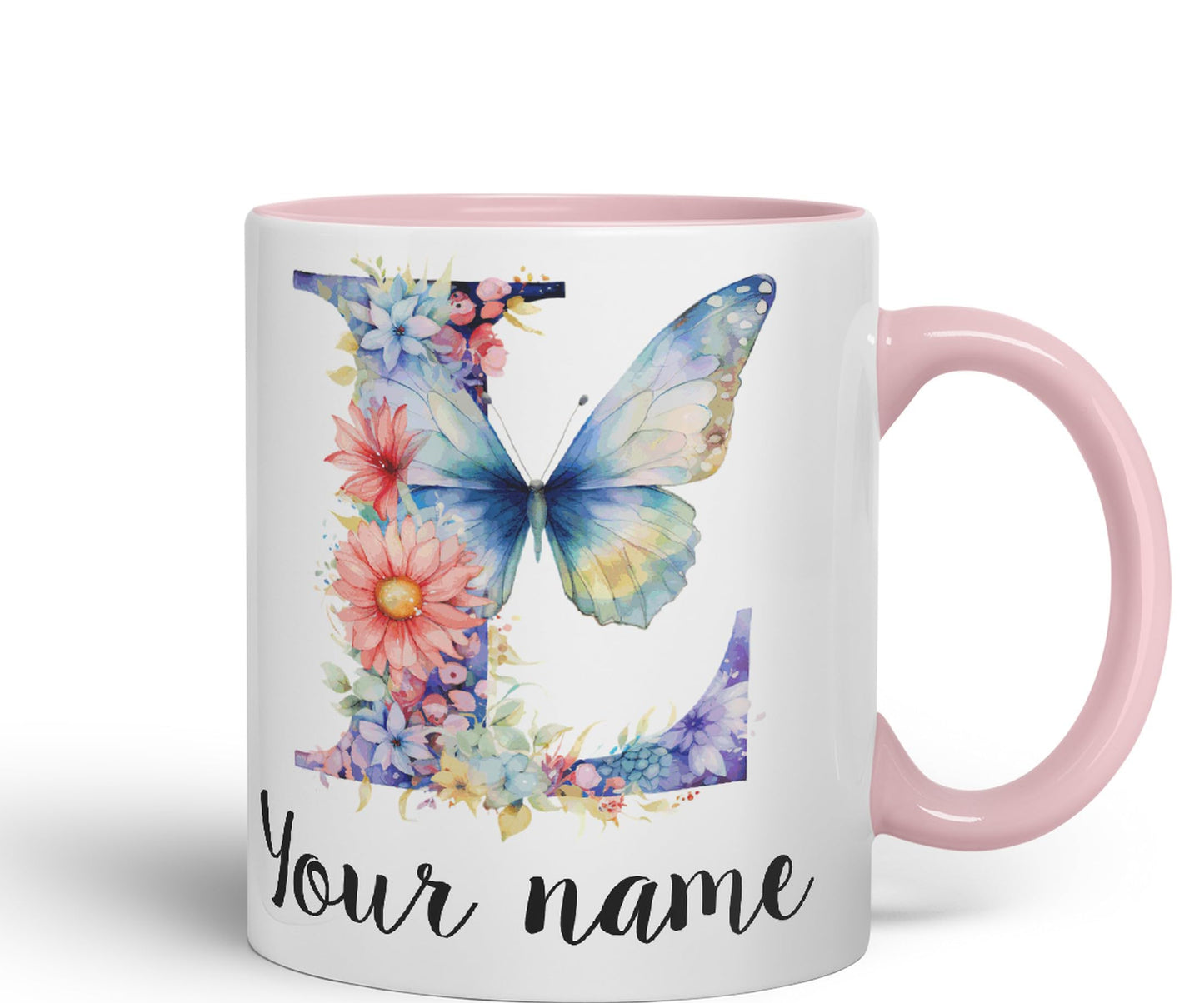 Personalised Letter L mug, Customized Custom Floral flowers butterfly Alphabet Letter L Monogram watercolour Ceramic Coloured Mug Cup for Tea Coffee Hot brew 330ml 11Oz Gift