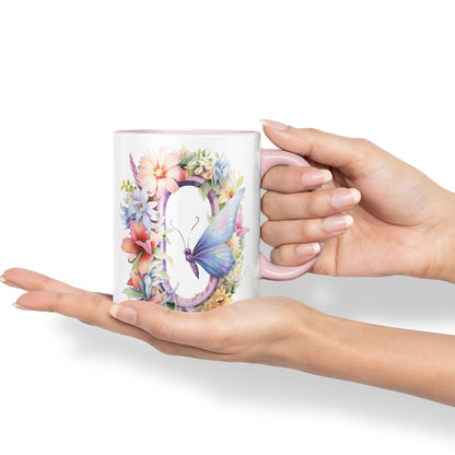 Letter O mug, Floral flowers butterfly Alphabet Letter O Monogram watercolour Ceramic Coloured Mug Cup for Tea Coffee Hot brew 330ml 11Oz Gift