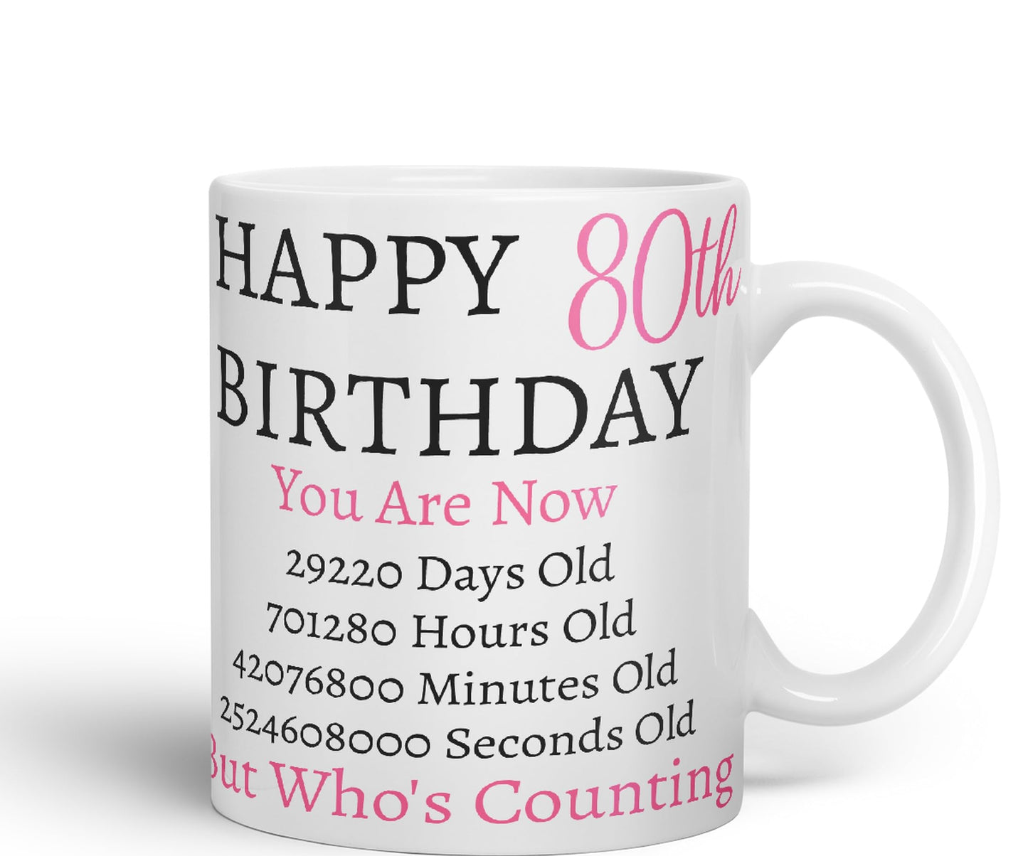Vixar But Who's Counting Happy 80th Birthday Ceramic Coloured Mug Cup Gift Days Hours Minutes (Pink)