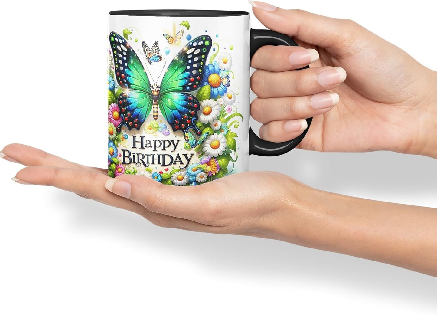 Vixar Happy Birthday Green Butterfly Daisies Coloured Ceramic Mug Cup Gift 11oz V8 (Black)