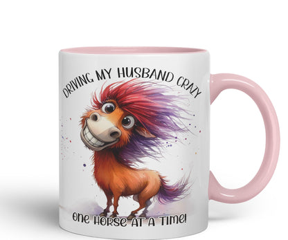 Driving My Husband Crazy, One Horse at at a Time Joke sarkasm Sarcastic Ceramic Coloured Mug Cup for Tea Coffee Hot Brew 330ml 11Oz Gift