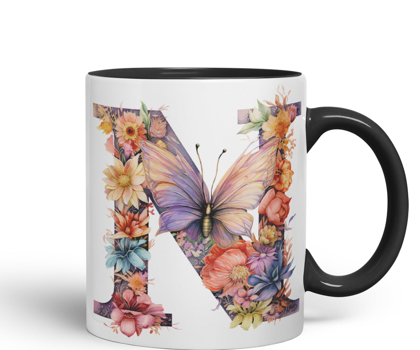 Letter N mug, Floral flowers butterfly Alphabet Letter N Monogram watercolour Ceramic Coloured Mug Cup for Tea Coffee Hot brew 330ml 11Oz Gift