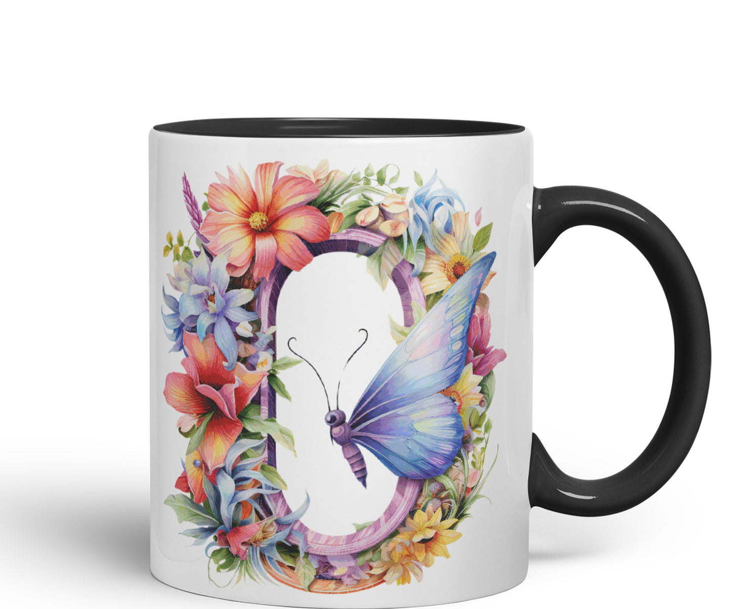 Letter O mug, Floral flowers butterfly Alphabet Letter O Monogram watercolour Ceramic Coloured Mug Cup for Tea Coffee Hot brew 330ml 11Oz Gift