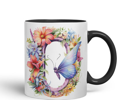 Letter O mug, Floral flowers butterfly Alphabet Letter O Monogram watercolour Ceramic Coloured Mug Cup for Tea Coffee Hot brew 330ml 11Oz Gift