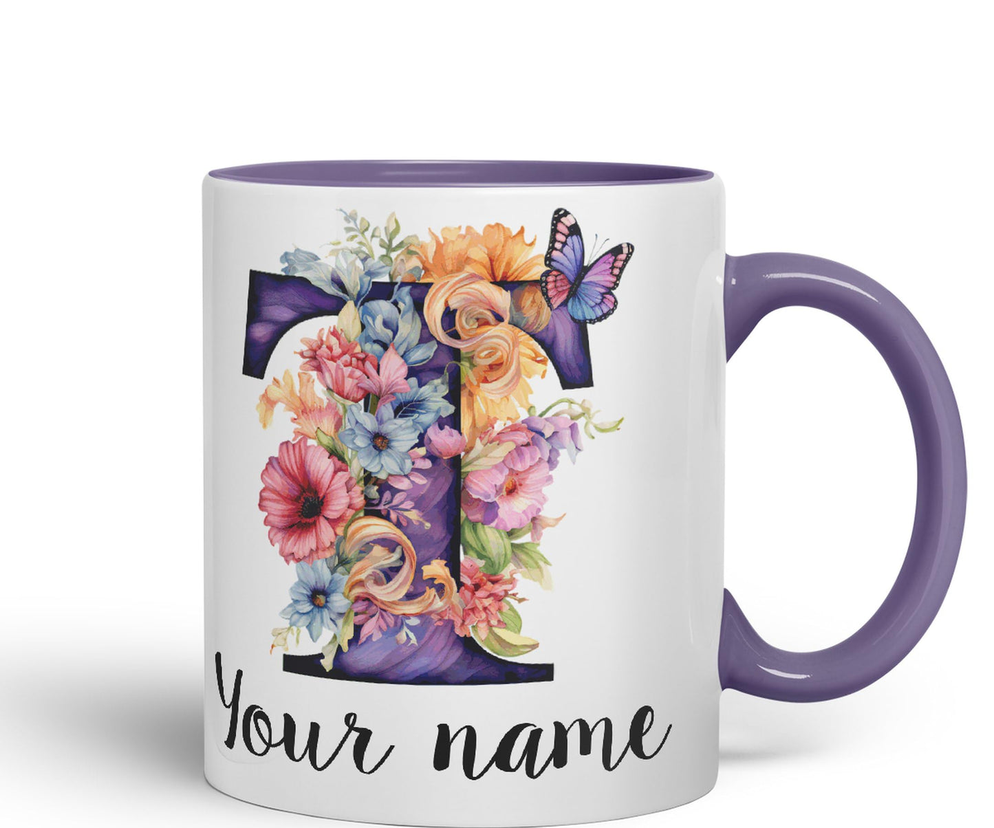 Personalised Letter T mug, Customized Custom Floral flowers butterfly Alphabet Letter T Monogram watercolour Ceramic Coloured Mug Cup for Tea Coffee Hot brew 330ml 11Oz Gift