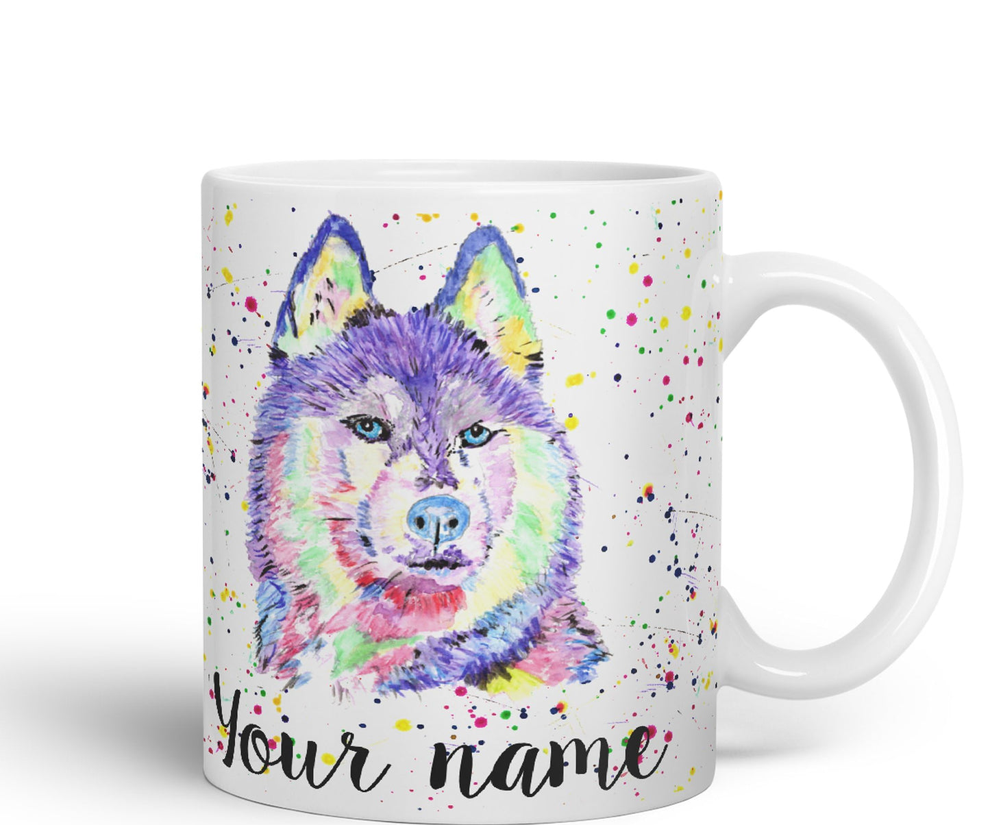 Vixar Personalised with Your Text Husky Snow Dog Pet Animals Watercolour Art Coloured Ceramic Mug Cup Gift 330ml 11oz Custom Work Office Tea Coffee