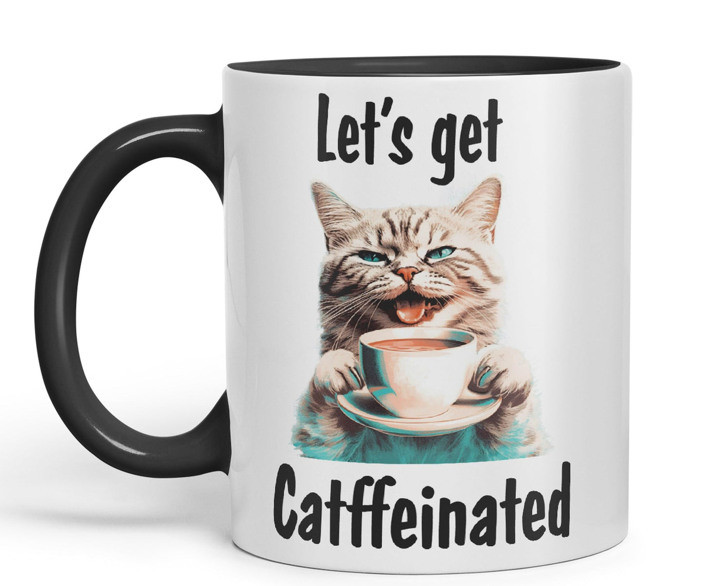 Let's get Caffeinated cat Kitten Joke sarkasm Sarcastic Ceramic Coloured Mug Cup for Tea Coffee Hot Brew 330ml 11Oz Gift