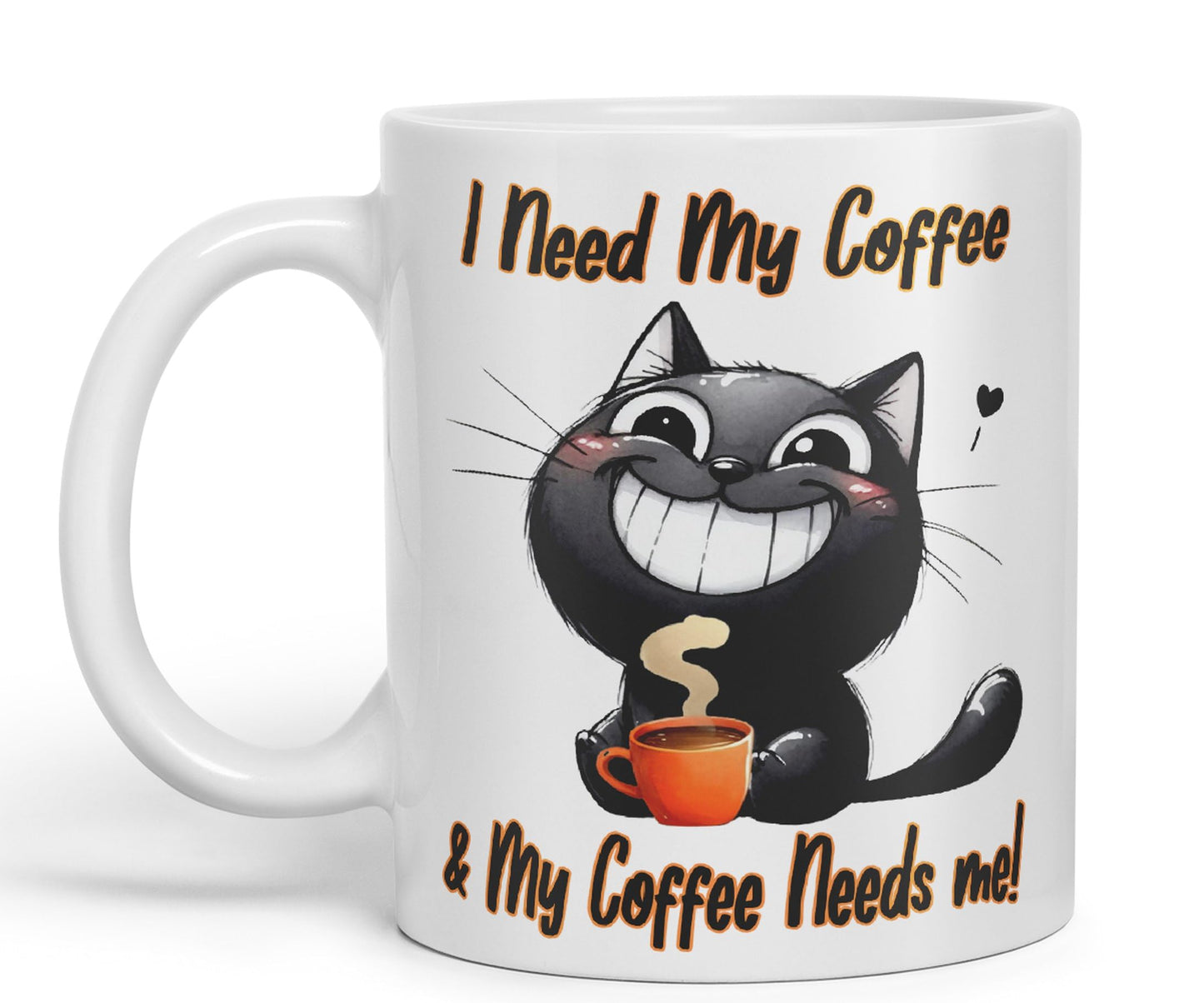 I Need My Coffee &My Coffee Needs Me! Cat Joke sarkasm Sarcastic Ceramic Coloured Mug Cup for Tea Coffee Hot Brew 330ml 11Oz Gift