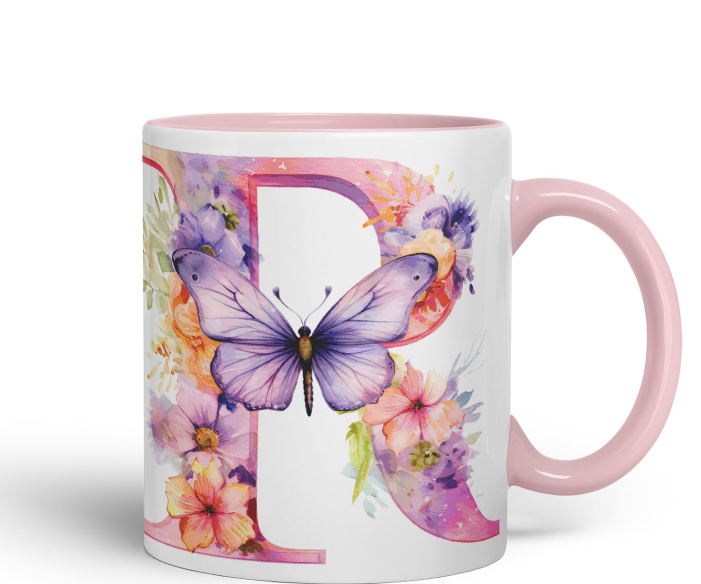 Letter R mug, Floral flowers butterfly Alphabet Letter R Monogram watercolour Ceramic Coloured Mug Cup for Tea Coffee Hot brew 330ml 11Oz Gift