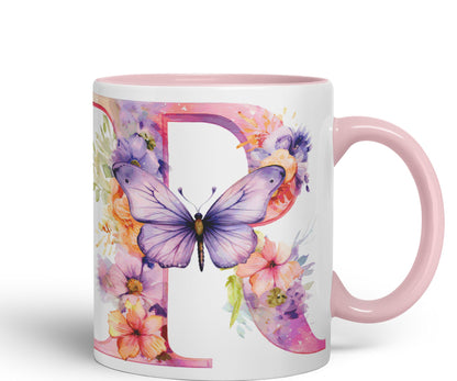Letter R mug, Floral flowers butterfly Alphabet Letter R Monogram watercolour Ceramic Coloured Mug Cup for Tea Coffee Hot brew 330ml 11Oz Gift