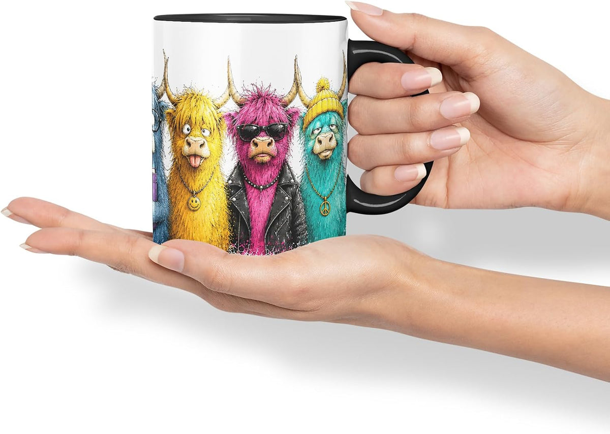 Vixar Highland Cow Mug – Cute Scottish Cow Animal Coloured Ceramic Mug Cup Gift, 11oz (Black)