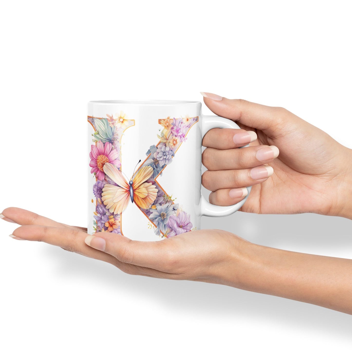 Letter K mug, Floral flowers butterfly Alphabet Letter K Monogram watercolour Ceramic Coloured Mug Cup for Tea Coffee Hot brew 330ml 11Oz Gift