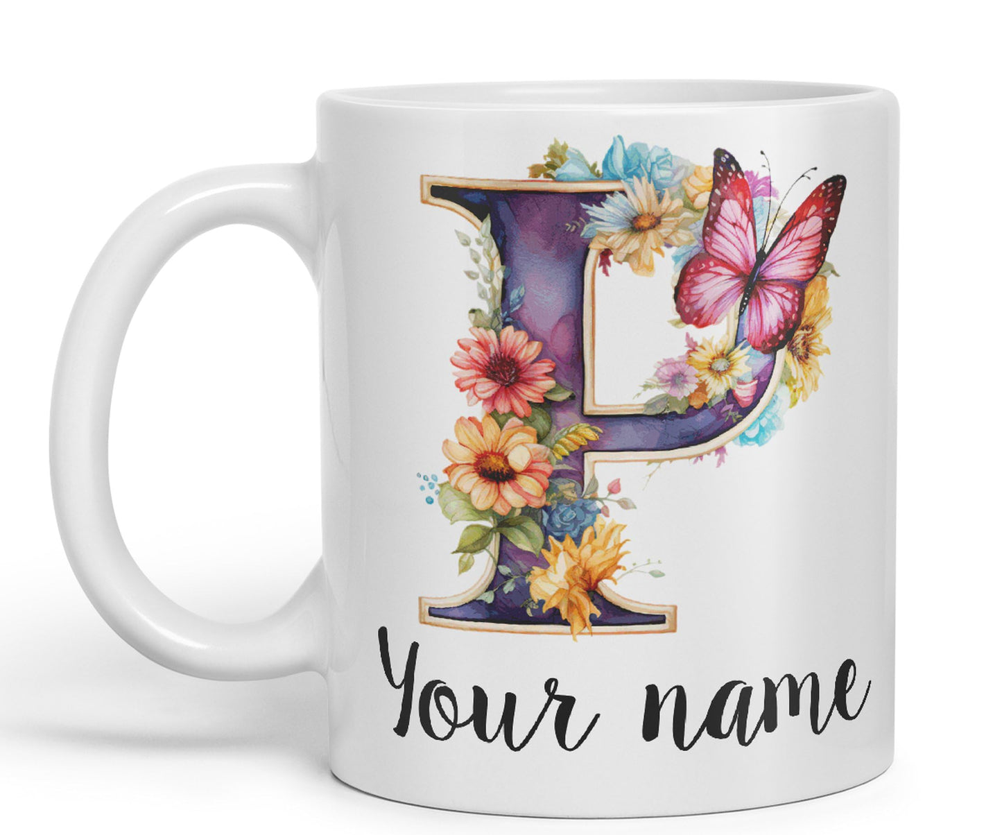 Personalised Letter P mug, Customized Custom Floral flowers butterfly Alphabet Letter P Monogram watercolour Ceramic Coloured Mug Cup for Tea Coffee Hot brew 330ml 11Oz Gift