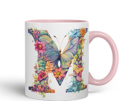Letter M mug, Floral flowers butterfly Alphabet Letter M Monogram watercolour Ceramic Coloured Mug Cup for Tea Coffee Hot brew 330ml 11Oz Gift