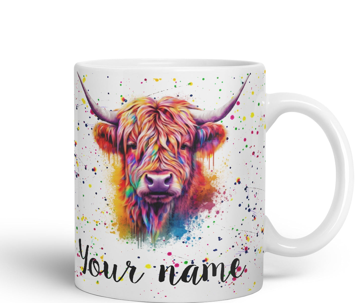 Personalised mug with Your Text name Highland Scottish Cow farm animals Watercolour Art Coloured Ceramic Mug Cup Gift 330ml 11oz Custom Work Office Tea Coffee HC4