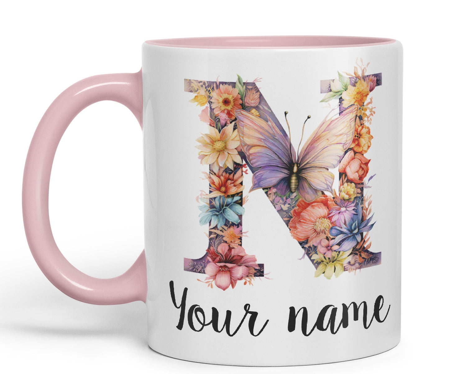 Personalised Letter N mug, Customized Custom Floral flowers butterfly Alphabet Letter N Monogram watercolour Ceramic Coloured Mug Cup for Tea Coffee Hot brew 330ml 11Oz Gift