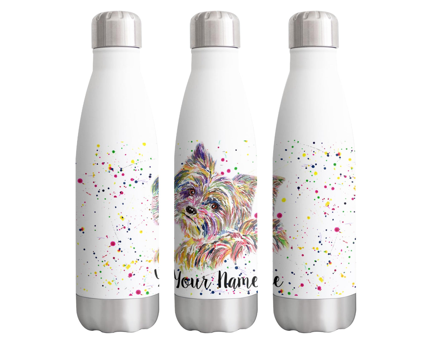 Vixar Yorkshire Terrier Personalised Custom Bottle with your Text/name Watercolour Yorkie York Dog Pet Animals Bottle Double Wall Insulated Stainless Steel Sport Drinks 500ml