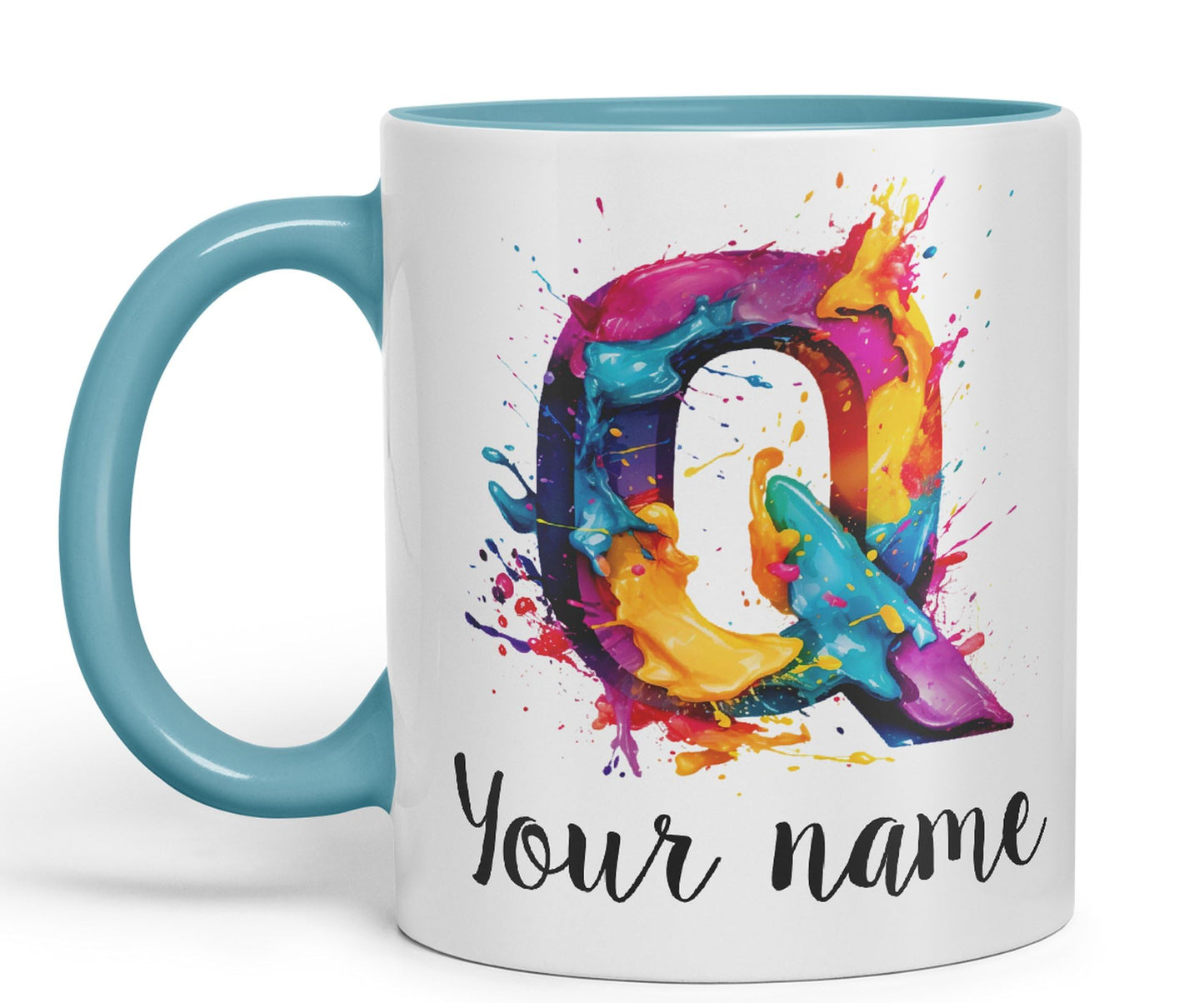 Personalised Letter Q mug, Alphabet cusomized custom Letter Q Monogram watercolour Ceramic Coloured Mug Cup for Tea Coffee Hot brew 330ml 11Oz Gift