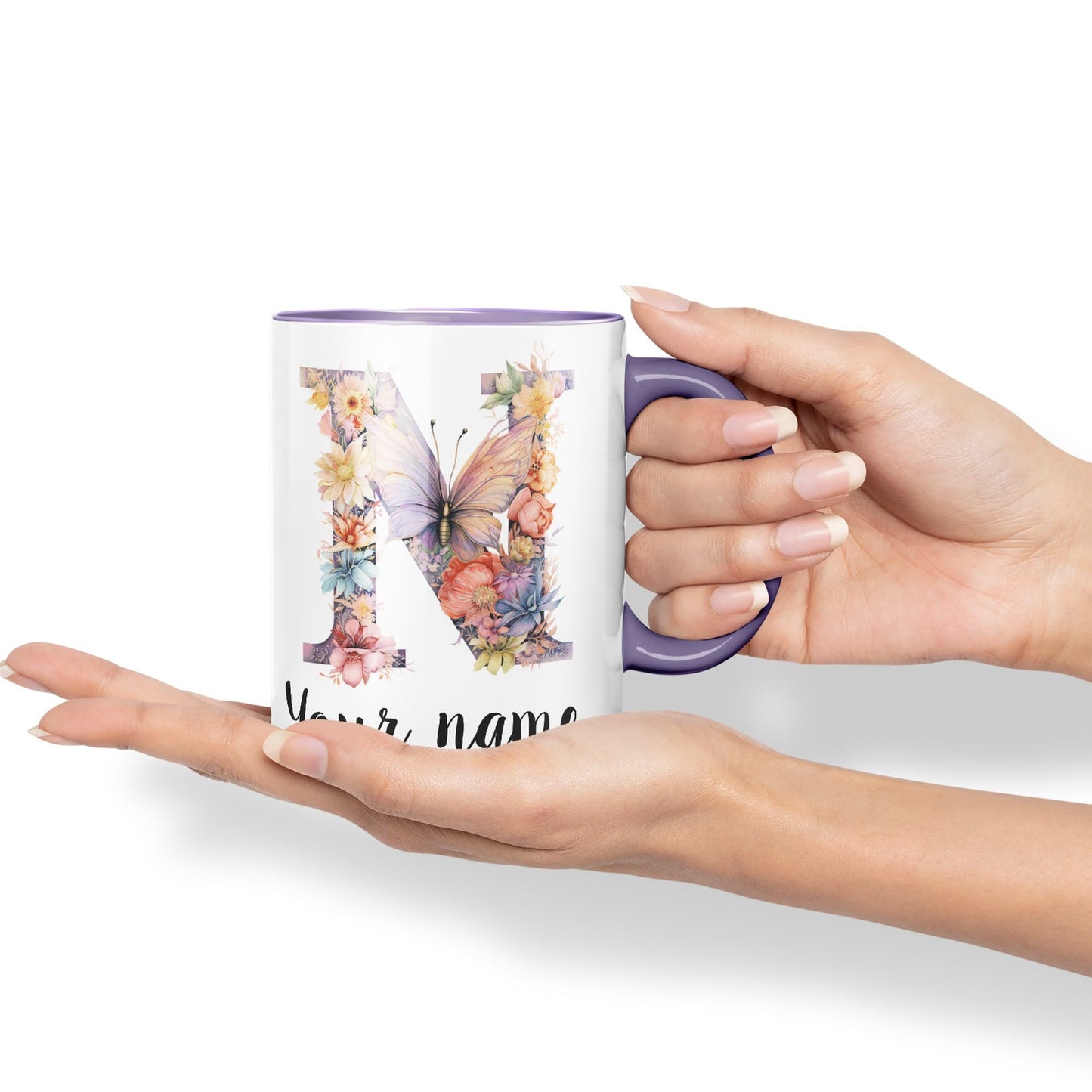 Personalised Letter N mug, Customized Custom Floral flowers butterfly Alphabet Letter N Monogram watercolour Ceramic Coloured Mug Cup for Tea Coffee Hot brew 330ml 11Oz Gift