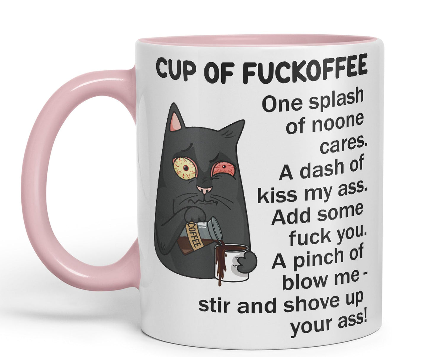 Cup of Fuckoffee, one Splash on Noone Cares cat Sarcastic Joke Ceramic Coloured Mug Cup for Tea Coffee Hot Brew 330ml 11Oz