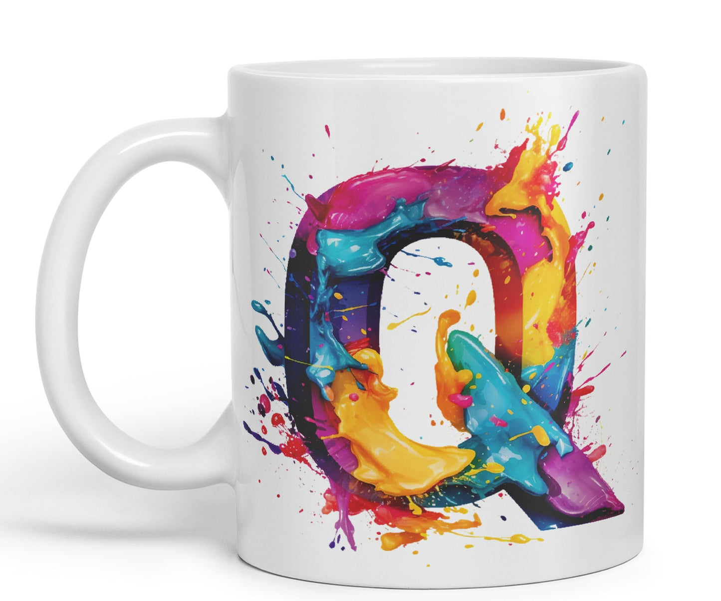 Letter Q mug, Alphabet Letter Q Monogram watercolour Ceramic Coloured Mug Cup for Tea Coffee Hot brew 330ml 11Oz Gift