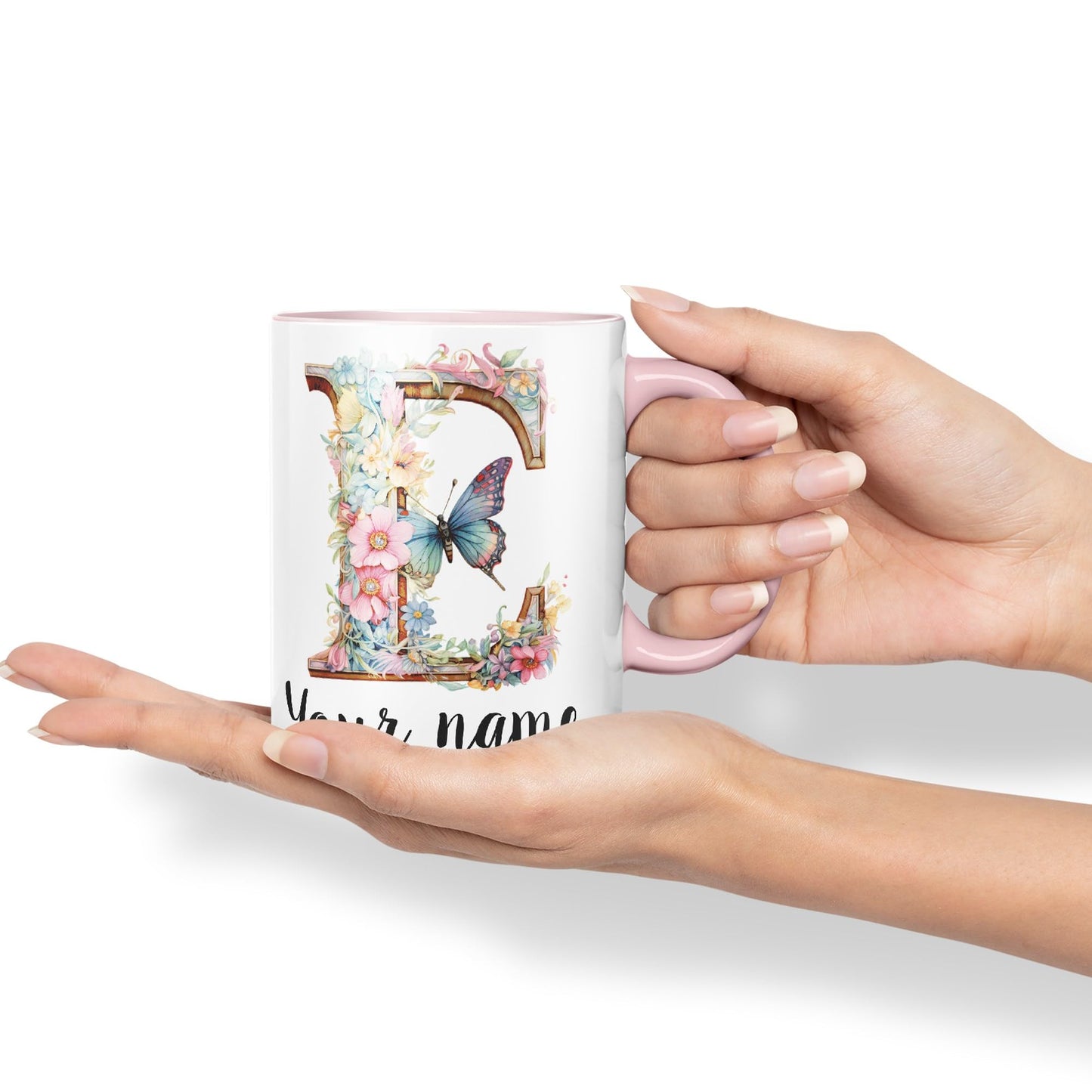 Personalised Letter E mug, Customized Custom Floral flowers butterfly Alphabet Letter E Monogram watercolour Ceramic Coloured Mug Cup for Tea Coffee Hot brew 330ml 11Oz Gift