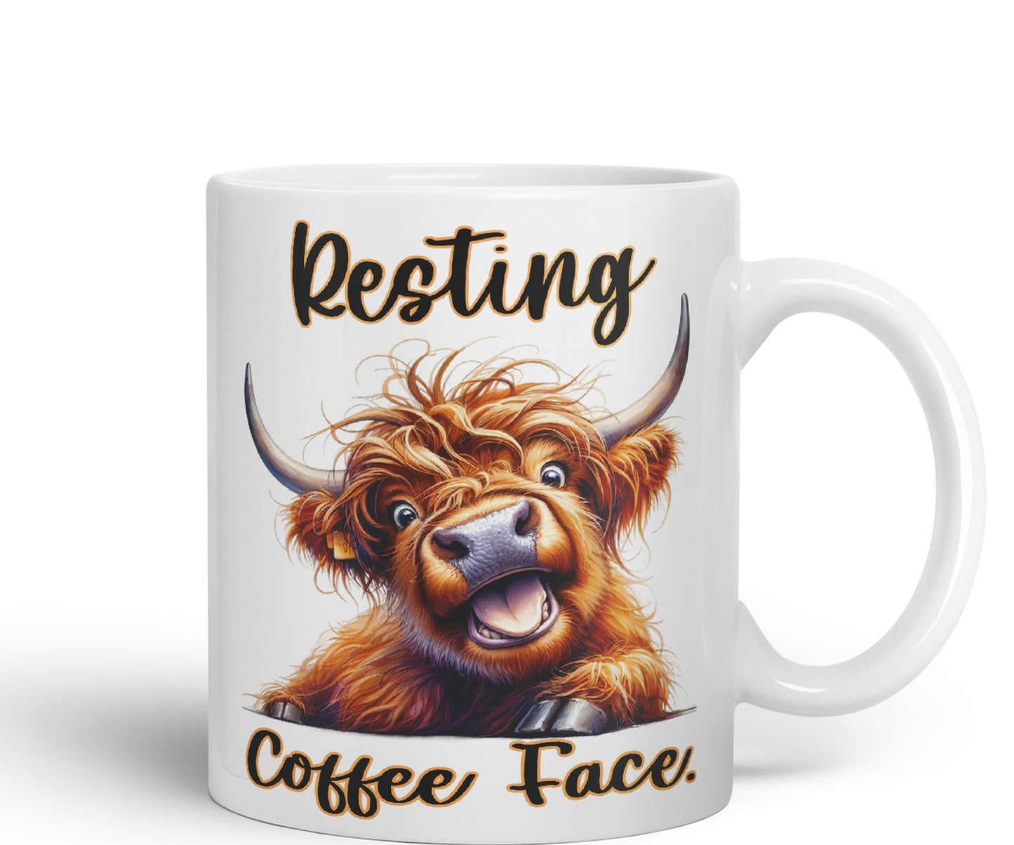 Resting Coffee Face Cow Highland Joke sarkasm Sarcastic Ceramic Coloured Mug Cup for Tea Coffee Hot Brew 330ml 11Oz Gift