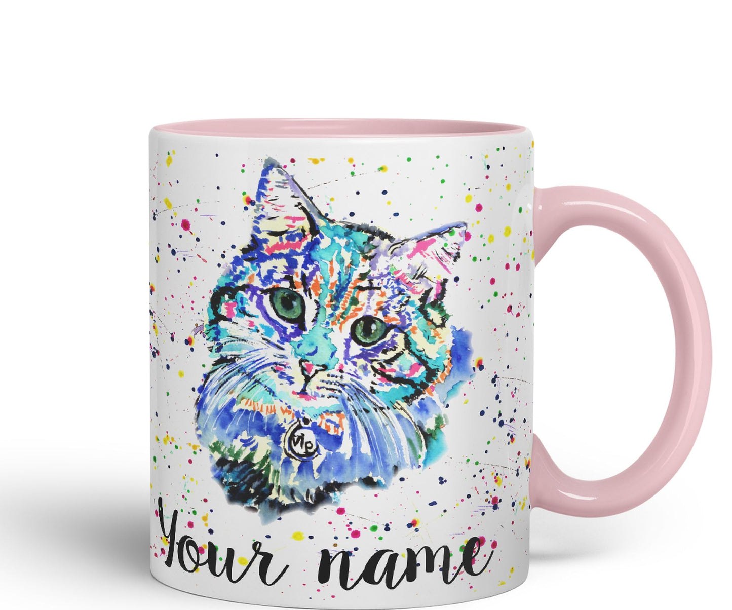 Vixar Personalised with Your Text Blue Cat Kitten Feline Watercolour Art Coloured Ceramic Mug Cup Gift 330ml 11oz Custom Work Office Tea Coffee