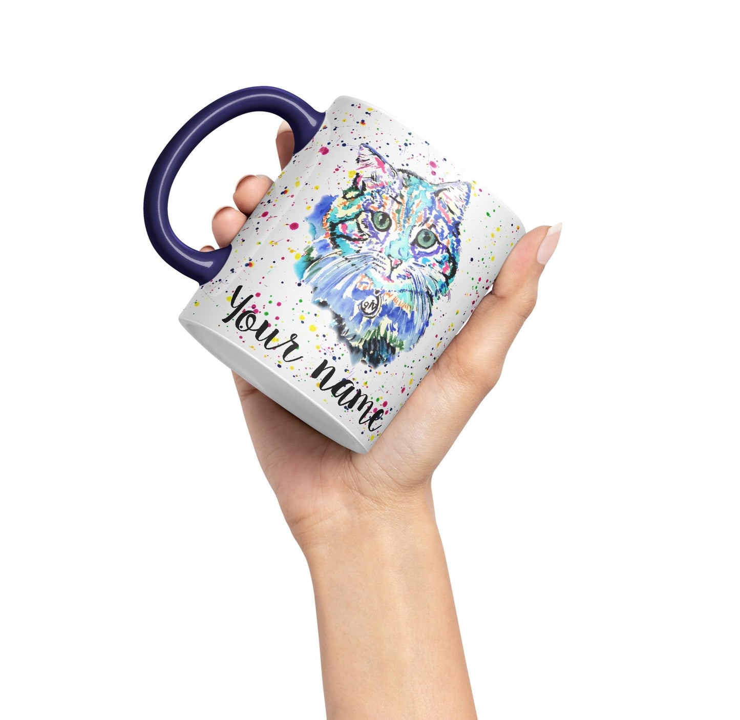 Vixar Personalised with Your Text Blue Cat Kitten Feline Watercolour Art Coloured Ceramic Mug Cup Gift 330ml 11oz Custom Work Office Tea Coffee