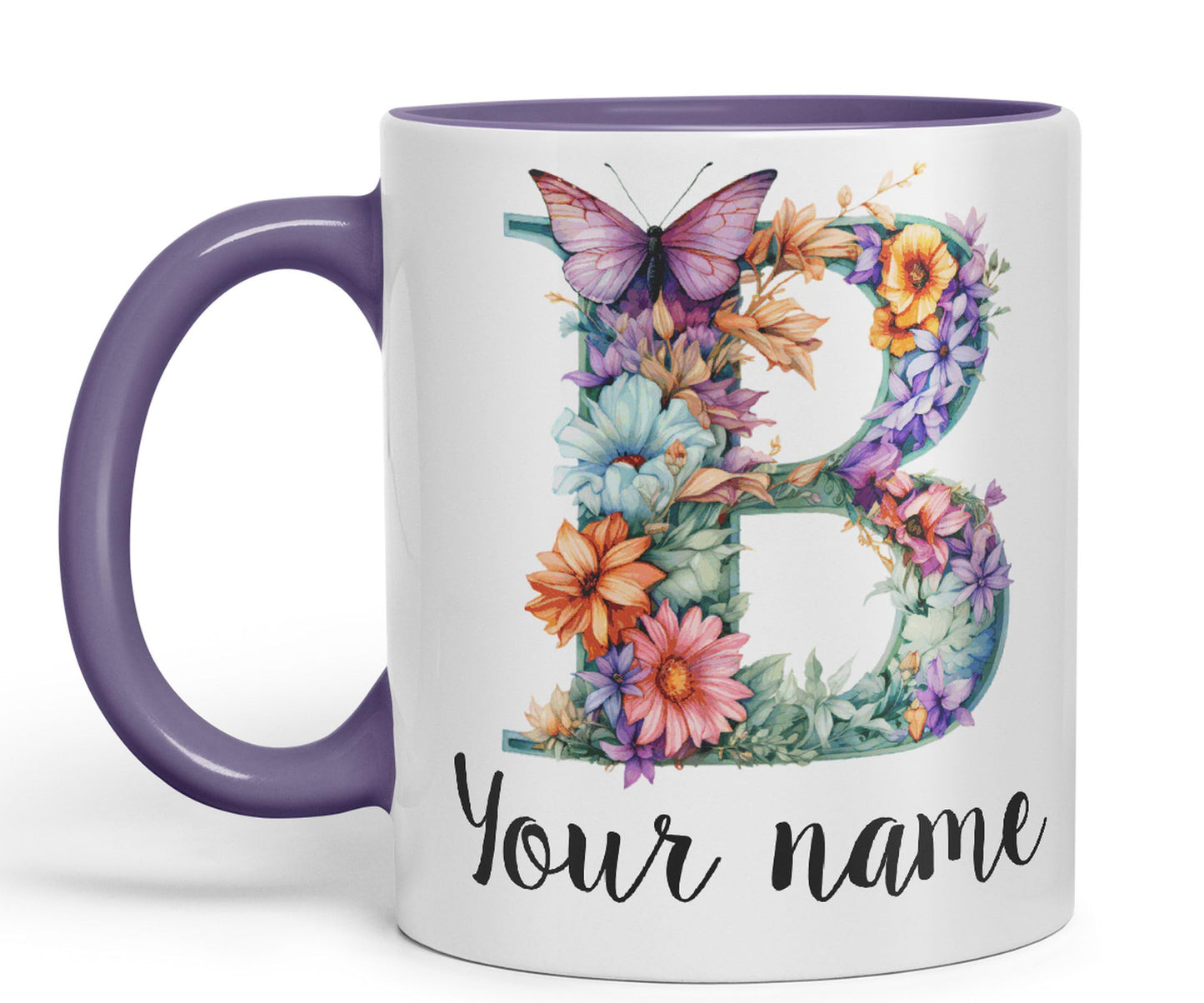 Personalised Letter B mug, Customized Custom Floral flowers butterfly Alphabet Letter B Monogram watercolour Ceramic Coloured Mug Cup for Tea Coffee Hot brew 330ml 11Oz Gift