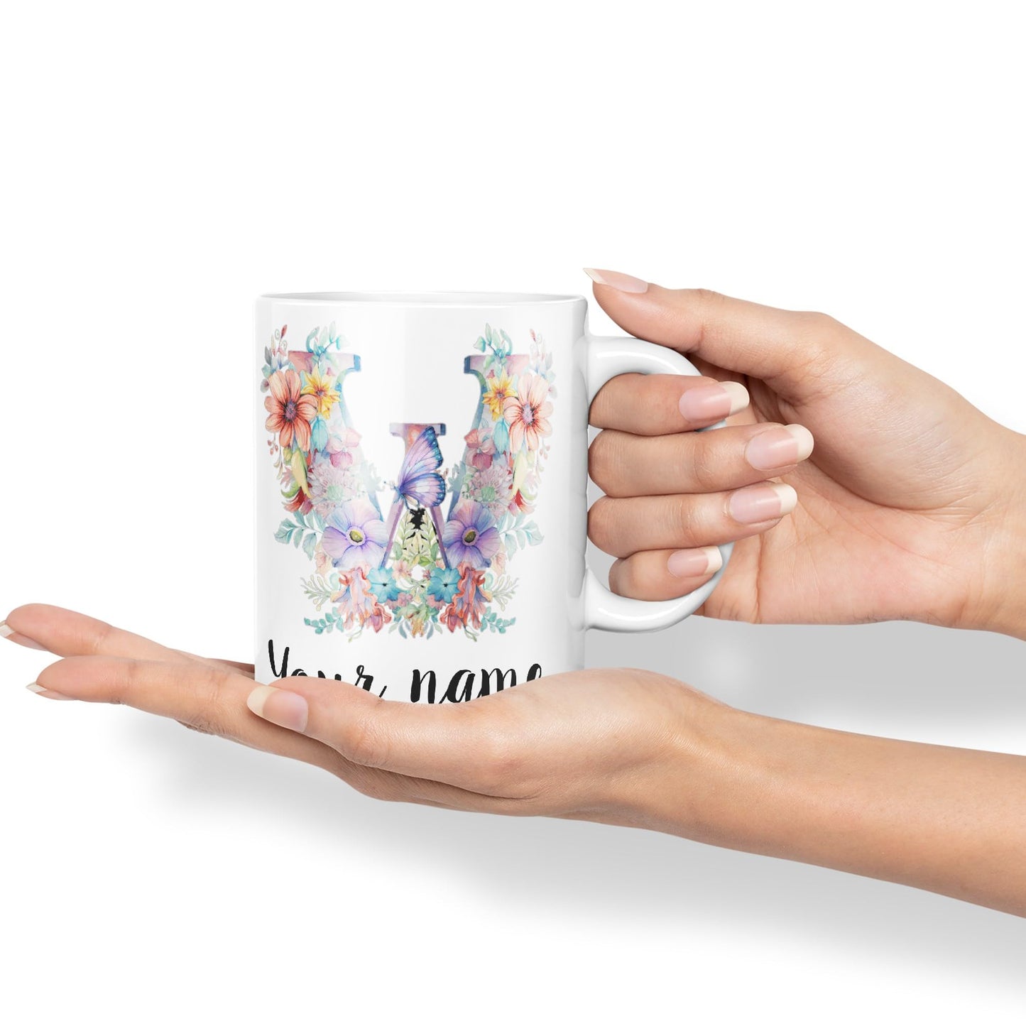 Personalised Letter W mug, Customized Custom Floral flowers butterfly Alphabet Letter W Monogram watercolour Ceramic Coloured Mug Cup for Tea Coffee Hot brew 330ml 11Oz Gift