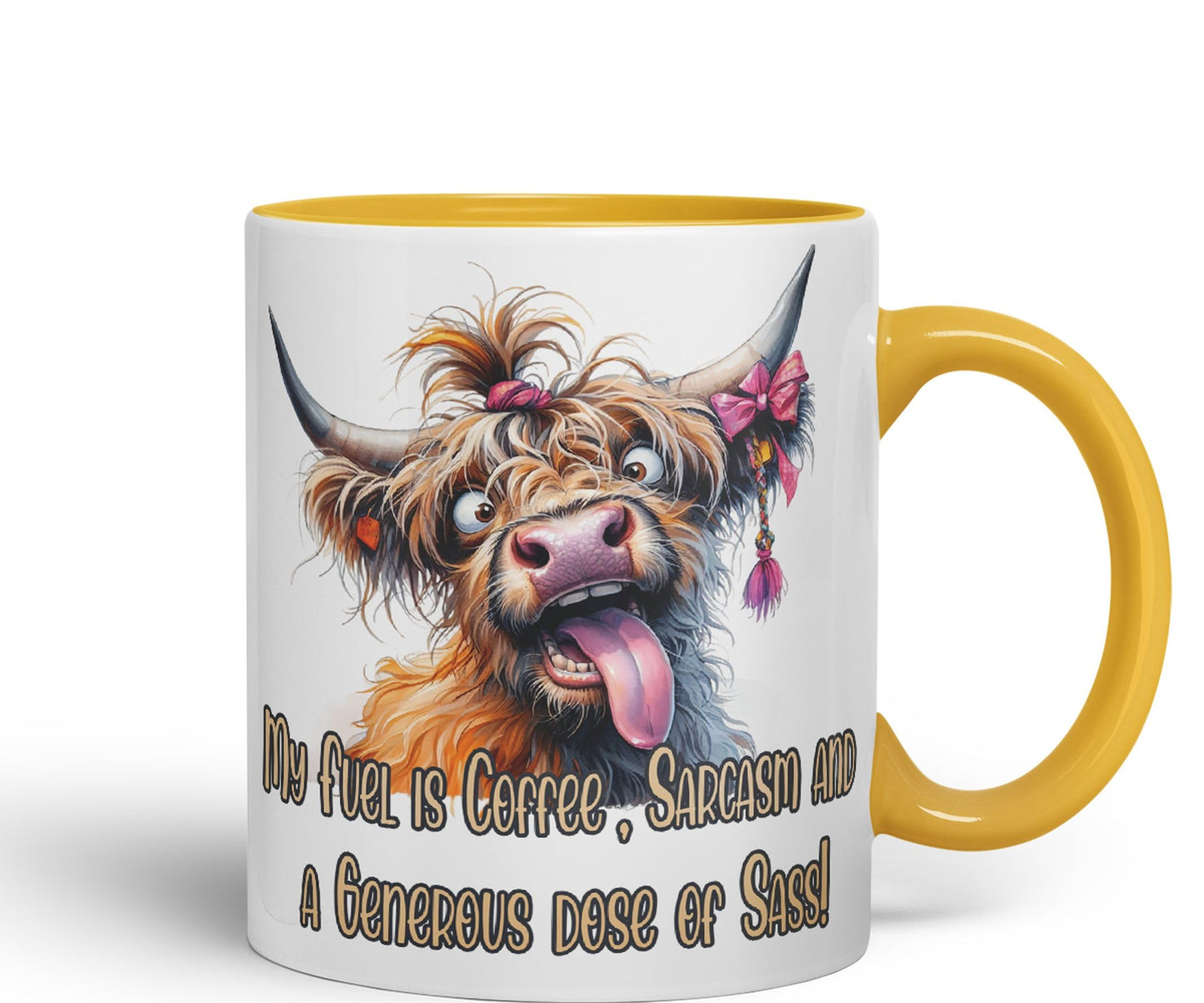 My Fuel is Coffee, Sarcasm and a Generous dose of Sass! Cow higland Joke sarkasm Sarcastic Ceramic Coloured Mug Cup for Tea Coffee Hot Brew 330ml 11Oz Gift