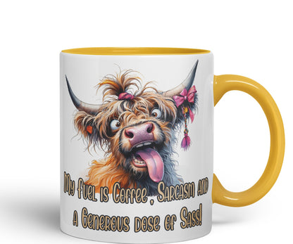 My Fuel is Coffee, Sarcasm and a Generous dose of Sass! Cow higland Joke sarkasm Sarcastic Ceramic Coloured Mug Cup for Tea Coffee Hot Brew 330ml 11Oz Gift