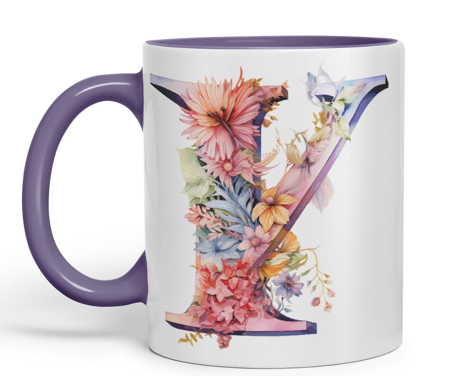 Letter Y mug, Floral flowers butterfly Alphabet Letter Y Monogram watercolour Ceramic Coloured Mug Cup for Tea Coffee Hot brew 330ml 11Oz Gift