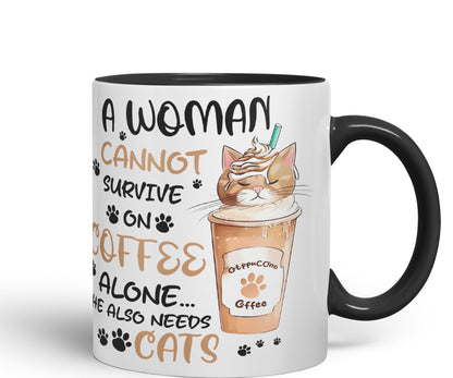 Vixar A Woman Cannot Survive on Coffee Cats Sarcastic Joke Ceramic Coloured Mug Cup for Tea Coffee Hot Brew 330ml 11Oz