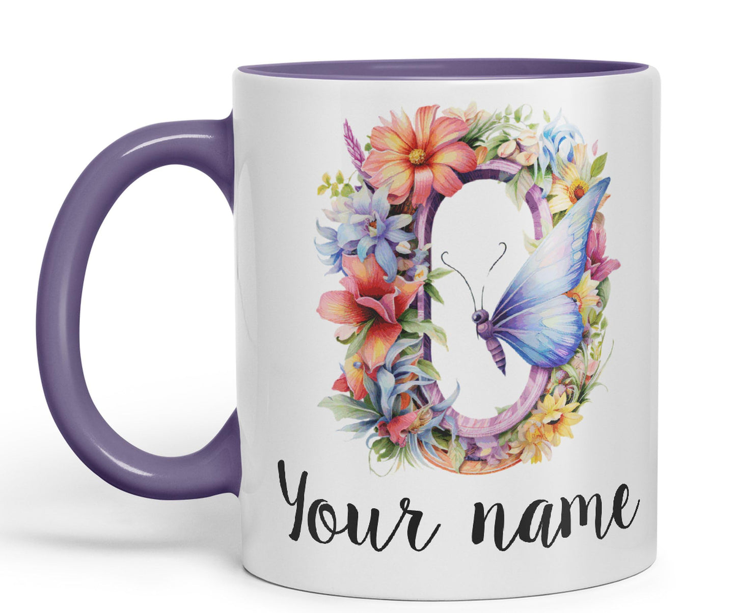 Personalised Letter O mug, Customized Custom Floral flowers butterfly Alphabet Letter O Monogram watercolour Ceramic Coloured Mug Cup for Tea Coffee Hot brew 330ml 11Oz Gift