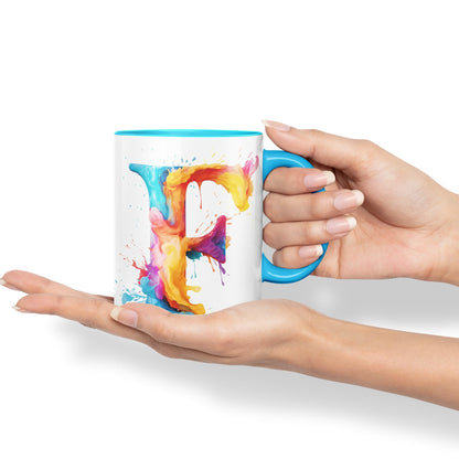 Letter F mug, Alphabet Letter F Monogram watercolour Ceramic Coloured Mug Cup for Tea Coffee Hot brew 330ml 11Oz Gift