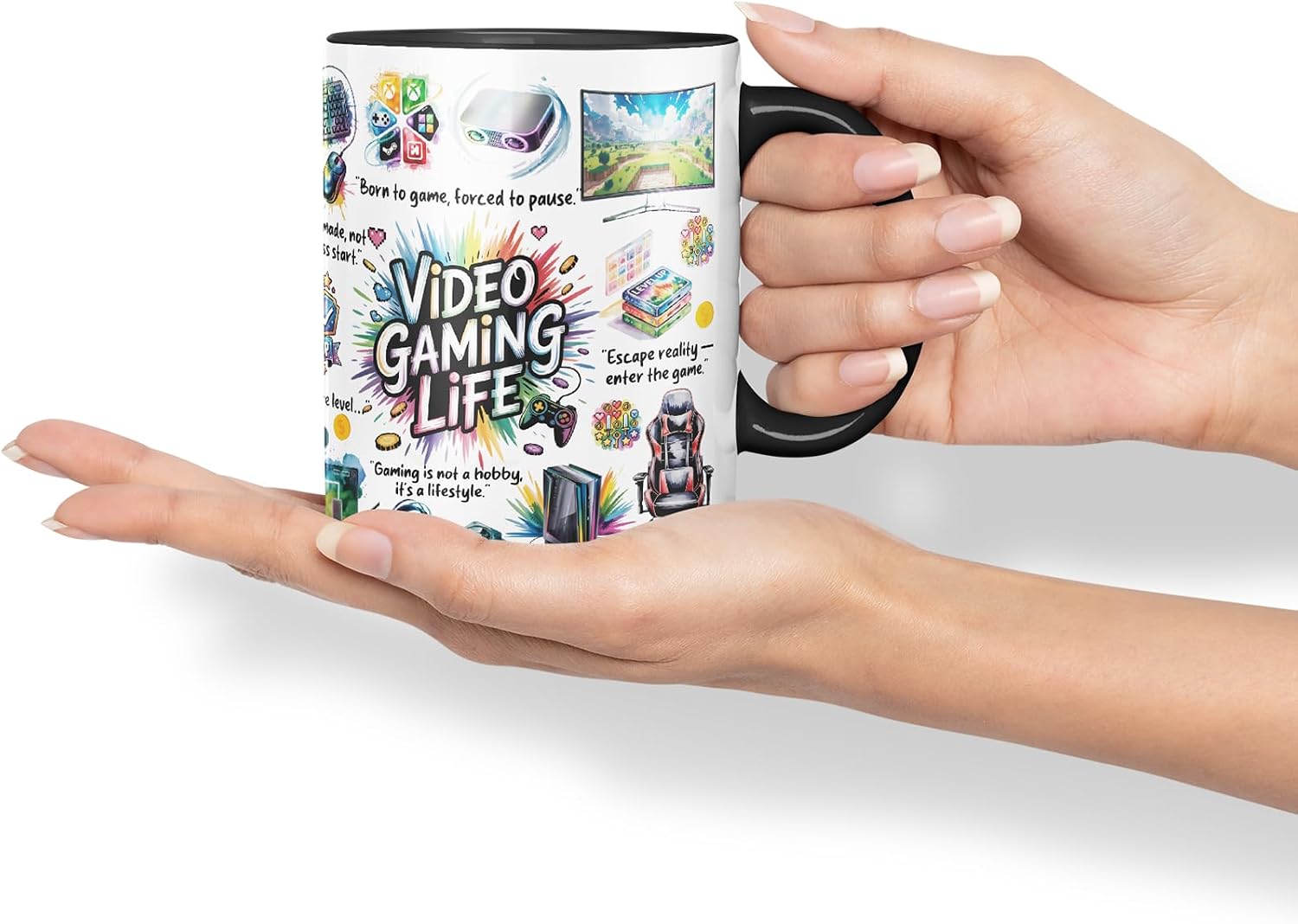 Video Gaming Life Mug – Coloured Ceramic Mug Cup Gift, 11oz (Black)