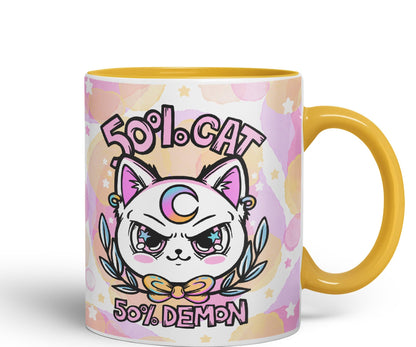 Vixar 50% Cat 50% Demon Cute cat Lovers, Kawaii Joke Coloured Ceramic Mug Cup Gift 330ml 11oz Work Office Tea Coffee