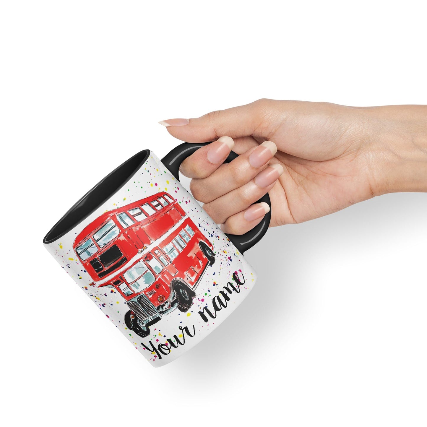 Vixar Personalised with Your Text Red Bus Classic London Busses Watercolour Art Coloured Ceramic Mug Cup Gift 330ml 11oz Custom Work Office Tea Coffe