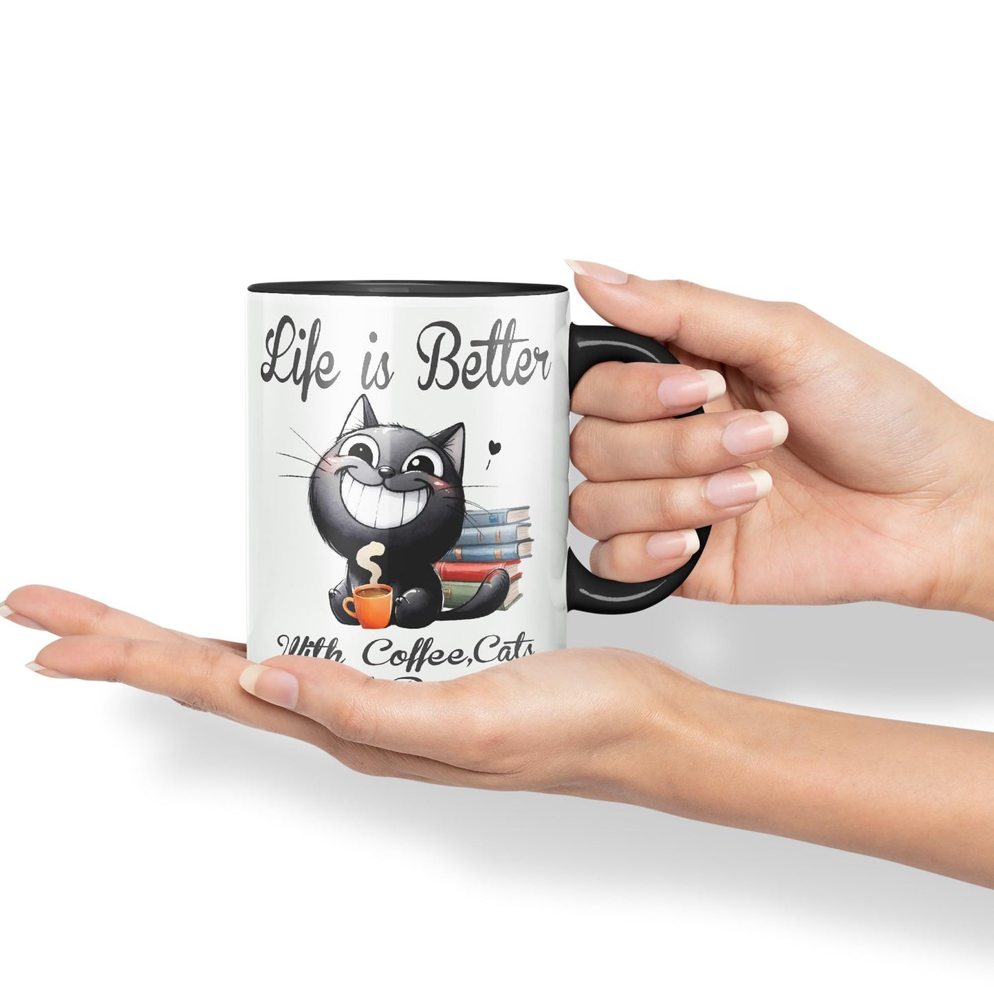 Life is Better with Coffee, Cats and Books, Cat Kitten Joke sarkasm Sarcastic Ceramic Coloured Mug Cup for Tea Coffee Hot Brew 330ml 11Oz Gift