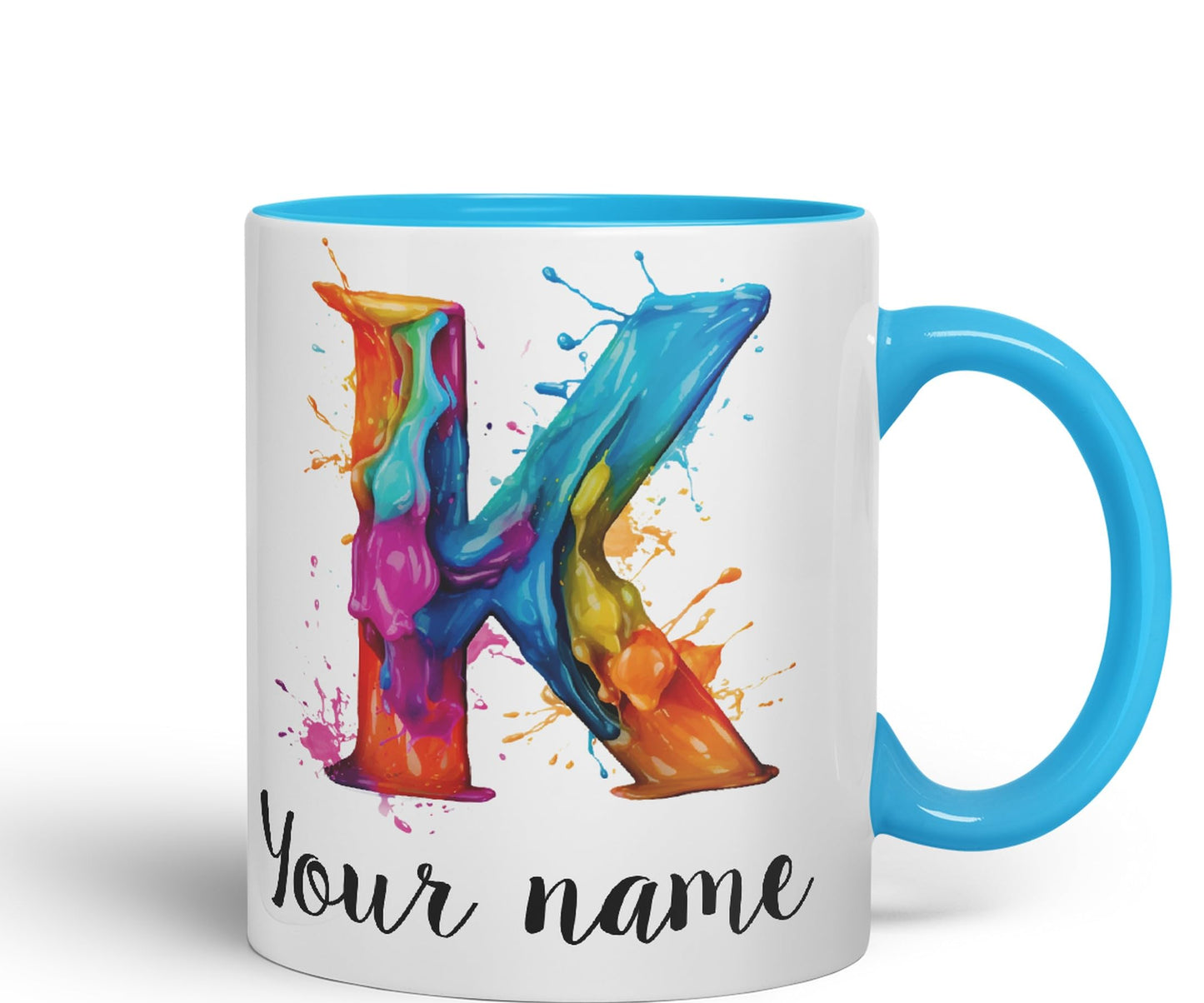 Personalised Letter K mug, Alphabet cusomized custom Letter K Monogram watercolour Ceramic Coloured Mug Cup for Tea Coffee Hot brew 330ml 11Oz Gift