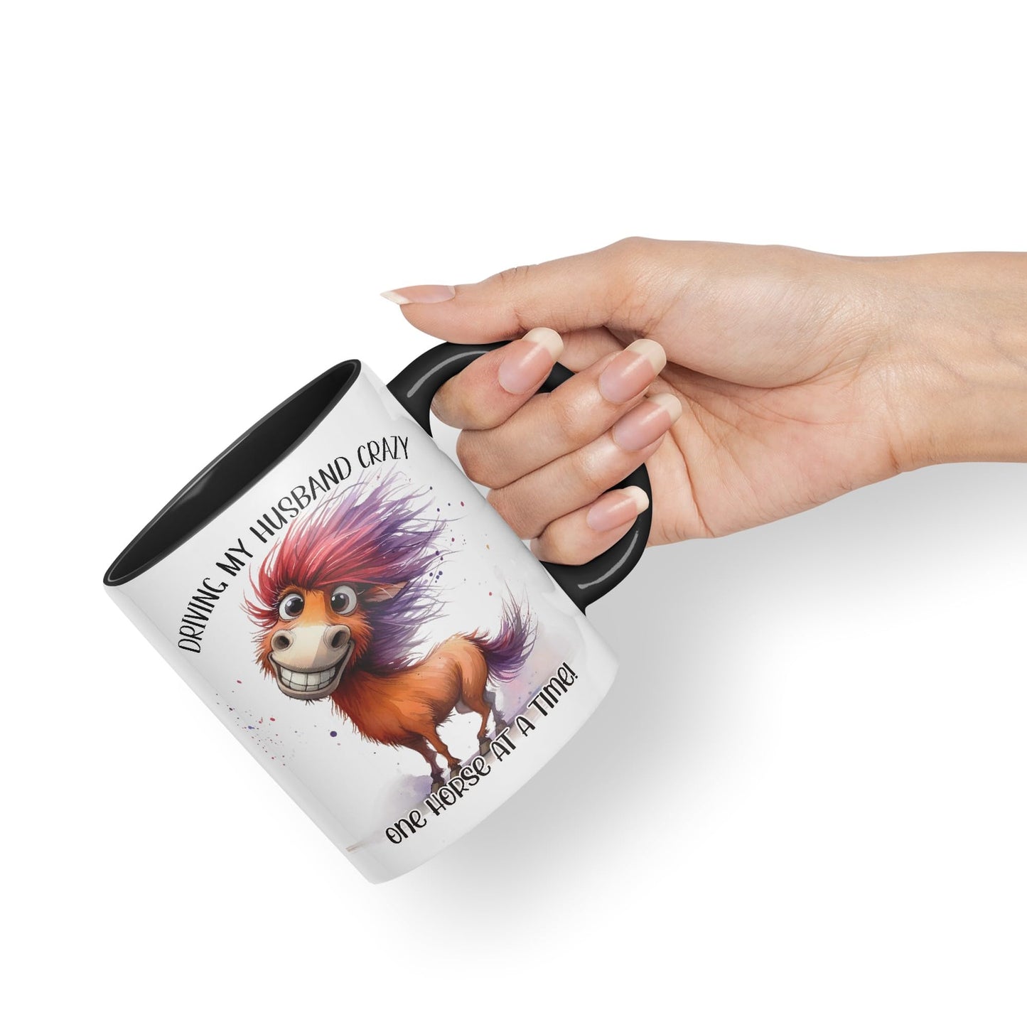 Driving My Husband Crazy, One Horse at at a Time Joke sarkasm Sarcastic Ceramic Coloured Mug Cup for Tea Coffee Hot Brew 330ml 11Oz Gift