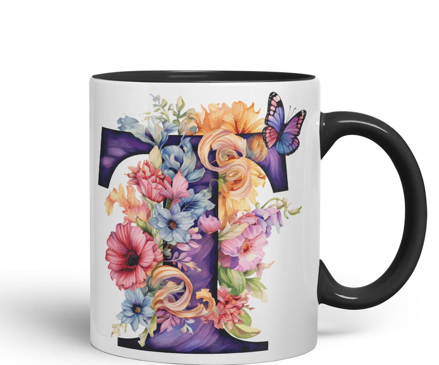 Letter T mug, Floral flowers butterfly Alphabet Letter T Monogram watercolour Ceramic Coloured Mug Cup for Tea Coffee Hot brew 330ml 11Oz Gift