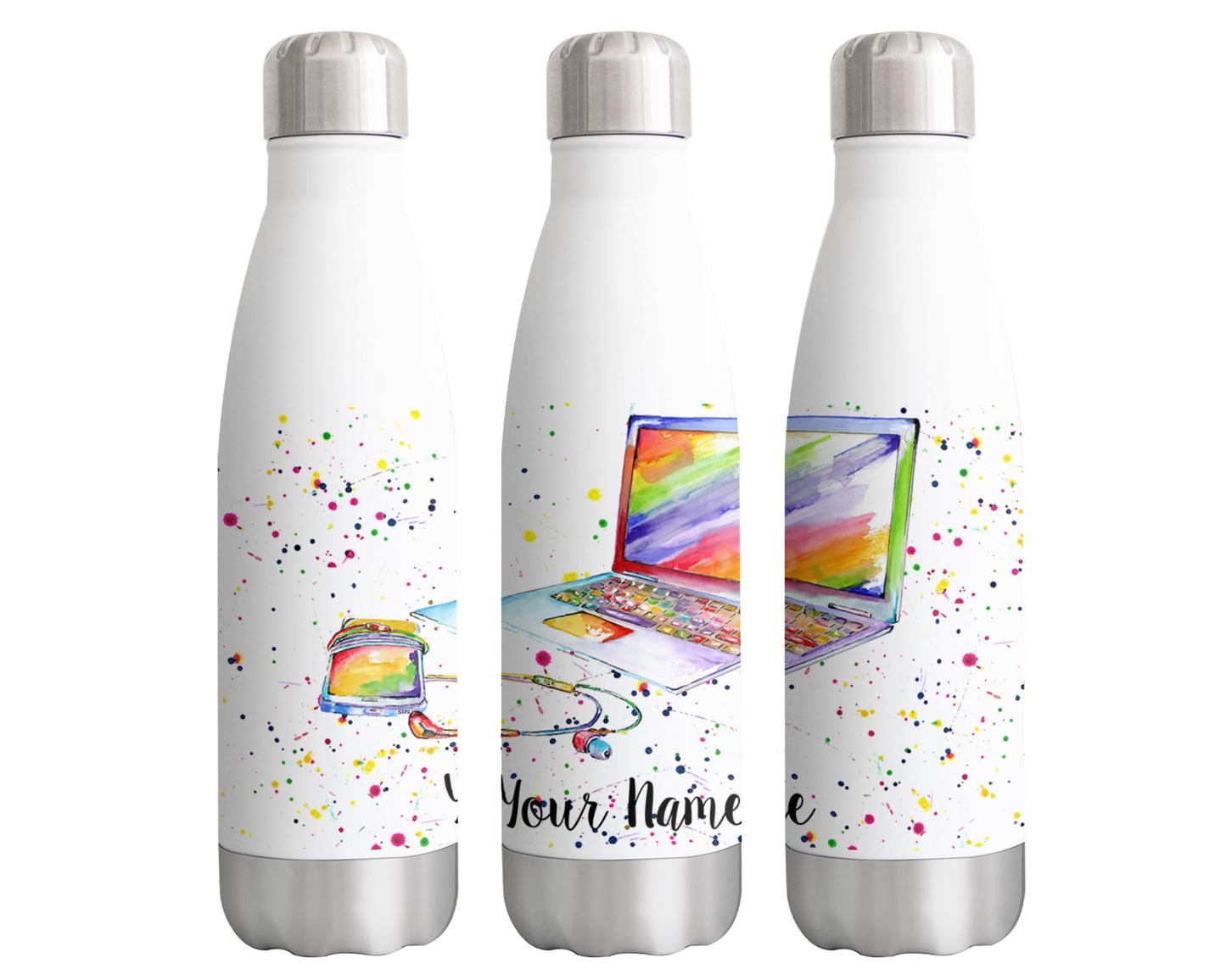 Techie Personalised Custom Bottle with Your Text/Name Watercolour lapton Mobile Smartphone Bottle Double Wall Insulated Stainless Steel Sport Drinks 500ml