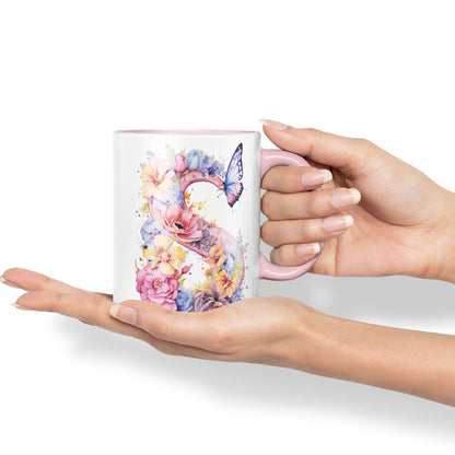 Letter S mug, Floral flowers butterfly Alphabet Letter S Monogram watercolour Ceramic Coloured Mug Cup for Tea Coffee Hot brew 330ml 11Oz Gift